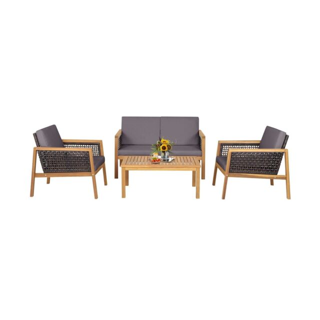 Costway 4Pcs Patio Acacia Wood Furniture Set Outdoor PE Rattan Conversation Set in Grey - image 1