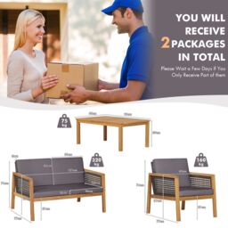 Costway 4Pcs Patio Acacia Wood Furniture Set Outdoor PE Rattan Conversation Set in Grey - thumbnail 2
