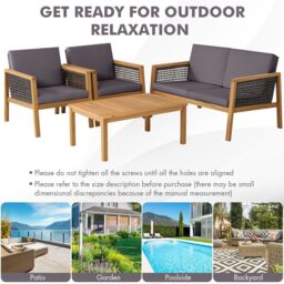 Costway 4Pcs Patio Acacia Wood Furniture Set Outdoor PE Rattan Conversation Set in Grey - thumbnail 5