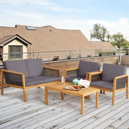 Costway 4Pcs Patio Acacia Wood Furniture Set Outdoor PE Rattan Conversation Set in Grey - thumbnail 3
