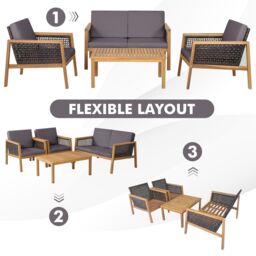 Costway 4Pcs Patio Acacia Wood Furniture Set Outdoor PE Rattan Conversation Set in Grey - thumbnail 4