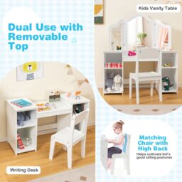 Costway Kids Vanity Table & Chair Set 2-in-1 Princess Makeup Vanity Set-White in White - thumbnail 4