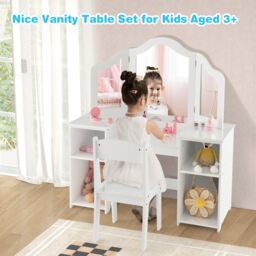 Costway Kids Vanity Table & Chair Set 2-in-1 Princess Makeup Vanity Set-White in White - thumbnail 5
