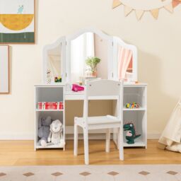Costway Kids Vanity Table & Chair Set 2-in-1 Princess Makeup Vanity Set-White in White - thumbnail 2