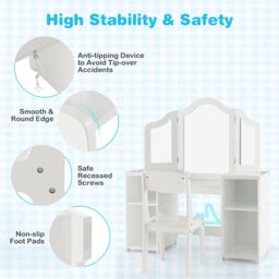 Costway Kids Vanity Table & Chair Set 2-in-1 Princess Makeup Vanity Set-White in White - thumbnail 3