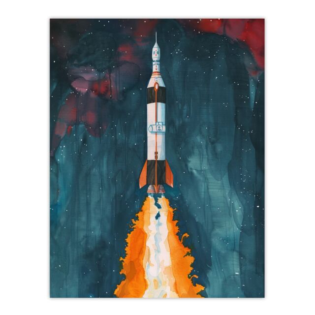 "Artery8 Space Apollo 11 Saturn V Rocket Launch Painting Wall Art Print in Blue - Size: W12"" x H16""" - image 1
