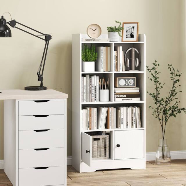 CASART Wooden Bookcase w/Doors Bookshelf w/ 2 Cabinets Modern Display Cabinet in White - image 1