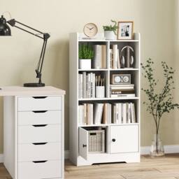 CASART Wooden Bookcase w/Doors Bookshelf w/ 2 Cabinets Modern Display Cabinet in White - thumbnail 1