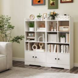 CASART Wooden Bookcase w/Doors Bookshelf w/ 2 Cabinets Modern Display Cabinet in White - thumbnail 8