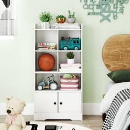 CASART Wooden Bookcase w/Doors Bookshelf w/ 2 Cabinets Modern Display Cabinet in White - thumbnail 5
