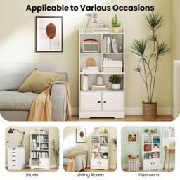 CASART Wooden Bookcase w/Doors Bookshelf w/ 2 Cabinets Modern Display Cabinet in White - thumbnail 6