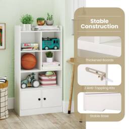 CASART Wooden Bookcase w/Doors Bookshelf w/ 2 Cabinets Modern Display Cabinet in White - thumbnail 2