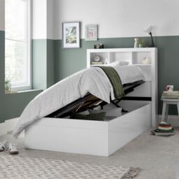 Bedmaster Oscar Wooden Bookcase Ottoman Storage Bed & Neptune Spring Mattress in White - Size: Single - thumbnail 2