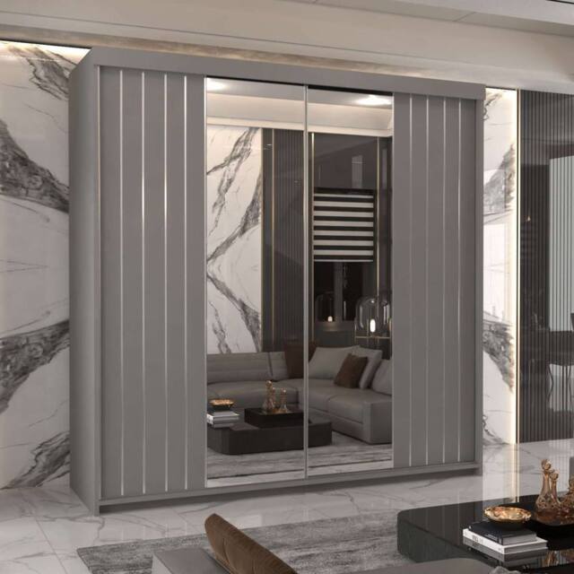MN Furniture Merida Sliding Wardrobe with Mirror, LED Light & Storage W150cm in Grey - image 1