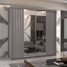 MN Furniture Merida Sliding Wardrobe with Mirror, LED Light & Storage W150cm in Grey