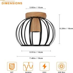 Pheashine Black 30cm Cage Metal Wood Ceiling Light E27 Vintage Industrial - thumbnail 2