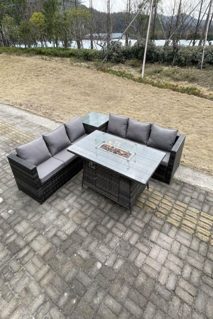 Fimous Rattan Garden Corner Furniture Gas Fire Pit Table Sets Heater Burner Lounge in Dark Grey - image 1