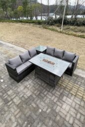 Fimous Rattan Garden Corner Furniture Gas Fire Pit Table Sets Heater Burner Lounge in Dark Grey - thumbnail 3