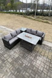Fimous Rattan Garden Corner Furniture Gas Fire Pit Table Sets Heater Burner Lounge in Dark Grey - thumbnail 1