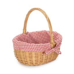 Red Hamper Cotton Lined Wicker Shopping Basket Buff Willow Oval Shopper in Red