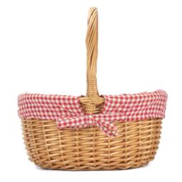 Red Hamper Cotton Lined Wicker Shopping Basket Buff Willow Oval Shopper in Red - thumbnail 3
