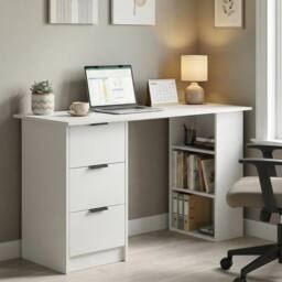 FORGEVIO Computer Writing Desk with 3 Drawers 3 Shelves Home Office White - thumbnail 3