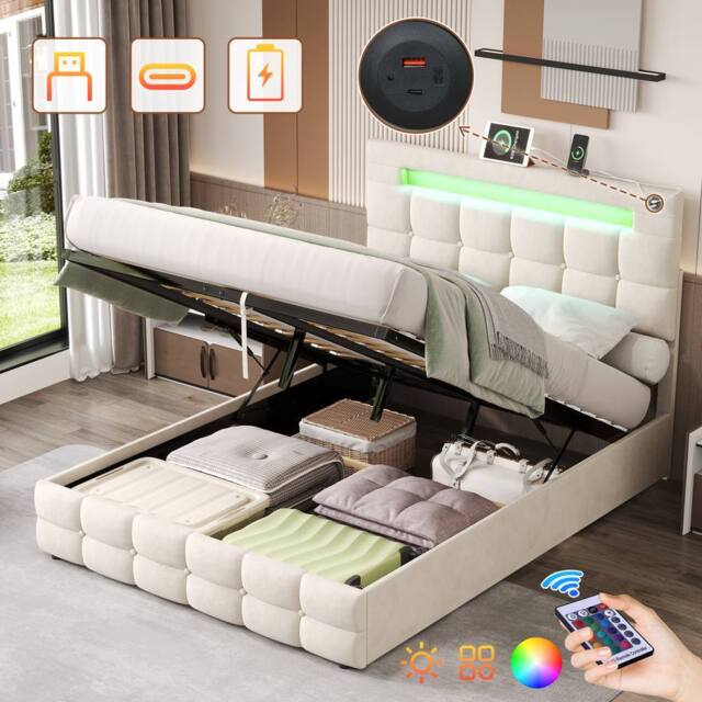 BTM Double Bed with Hydraulic Storage & LED Charging Headboard in Beige - image 1