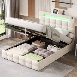 BTM Double Bed with Hydraulic Storage & LED Charging Headboard in Beige - thumbnail 3