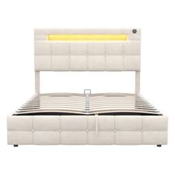 BTM Double Bed with Hydraulic Storage & LED Charging Headboard in Beige - thumbnail 9