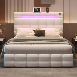 BTM Double Bed with Hydraulic Storage & LED Charging Headboard in Beige - thumbnail 2