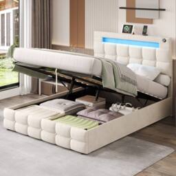 BTM Double Bed with Hydraulic Storage & LED Charging Headboard in Beige - thumbnail 4