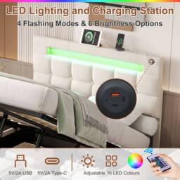 BTM Double Bed with Hydraulic Storage & LED Charging Headboard in Beige - thumbnail 7