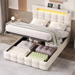 BTM Double Bed with Hydraulic Storage & LED Charging Headboard in Beige - thumbnail 5