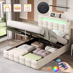 BTM Double Bed with Hydraulic Storage & LED Charging Headboard in Beige - thumbnail 1
