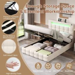 BTM Double Bed with Hydraulic Storage & LED Charging Headboard in Beige - thumbnail 6
