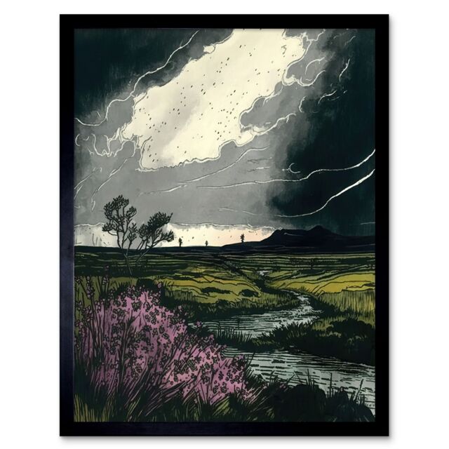 "Artery8 Wall Art Print Storm Clouds at Scottish Meadow with Heather Shrub Art Framed in Black - Size: W12"" x H16""" - image 1