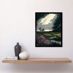 "Artery8 Wall Art Print Storm Clouds at Scottish Meadow with Heather Shrub Art Framed in Black - Size: W12"" x H16""" - thumbnail 2