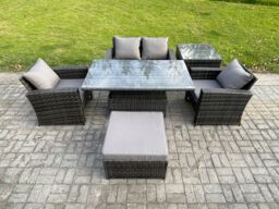 Fimous Outdoor Garden Dining Sets 5 Seater Rattan Patio Furniture Sofa Set with Rising Lifting Table Side Table in Dark Grey - thumbnail 2