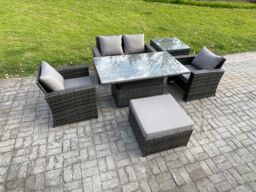 Fimous Outdoor Garden Dining Sets 5 Seater Rattan Patio Furniture Sofa Set with Rising Lifting Table Side Table in Dark Grey - thumbnail 1