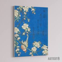 "Artery8 Bullfinch Weeping Cherry Blossoms Canvas Wall Art Print Hokusai in Blue - Size: W18"" x H24""" - thumbnail 2