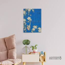 "Artery8 Bullfinch Weeping Cherry Blossoms Canvas Wall Art Print Hokusai in Blue - Size: W18"" x H24""" - thumbnail 3