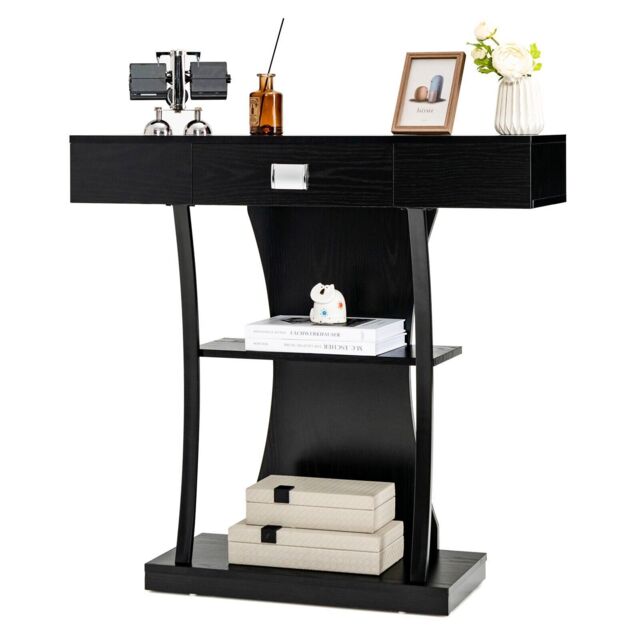 Costway T-Shaped Industrial Console Table Narrow Sofa Side Table Entryway Display Shlves in Black - image 1