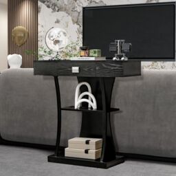 Costway T-Shaped Industrial Console Table Narrow Sofa Side Table Entryway Display Shlves in Black - thumbnail 4