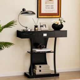 Costway T-Shaped Industrial Console Table Narrow Sofa Side Table Entryway Display Shlves in Black - thumbnail 3