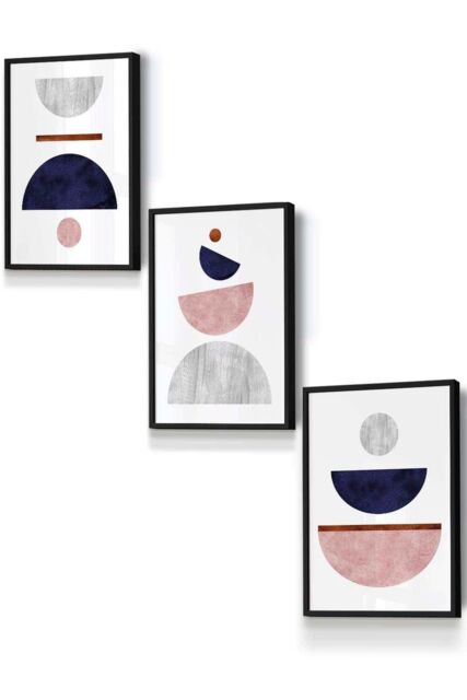 ARTZE Navy, Pink & Grey Abstract Mid Century Geometric Framed Wall Art - Small in Black - Size: W33 cm x H45 cm x D20mm - image 1