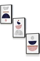 ARTZE Navy, Pink & Grey Abstract Mid Century Geometric Framed Wall Art - Small in Black - Size: W33 cm x H45 cm x D20mm - thumbnail 1