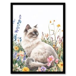 Artery8 Ragdoll Cat Lover Pet Wildflower Floral Portrait Framed Art Print - Size: A4 - thumbnail 1