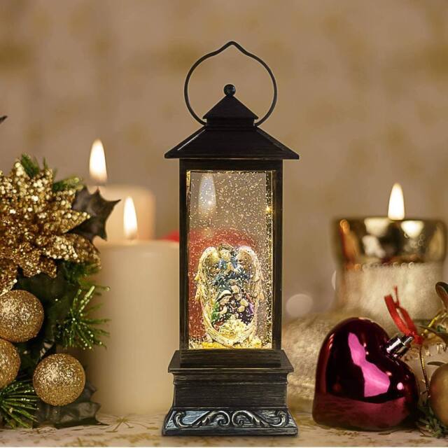 Shatchi 25cm Christmas Festive Nativity LED Lights Up Lantern with Glitter Xmas Home Decor Gifts Present in Green - image 1