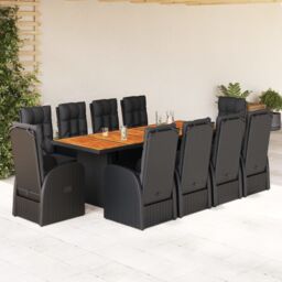 Berkfield Home 11 Piece Garden Dining Set with Cushions Black Poly Rattan - thumbnail 1