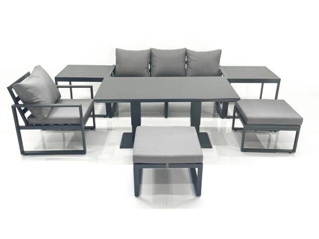 Fimous 6 Seater Garden Sofa Set Aluminium Furniture Rising Dining Tabe Set with Chair 2 Big Footstool 2 Side Tables Dark Grey - image 1